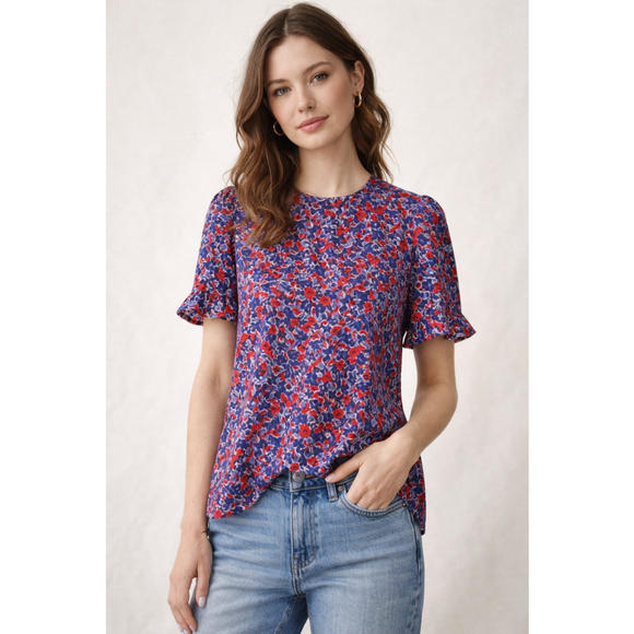 J.CREW Tops - J.Crew Red Blue Floral Top Cottagecore Romantic Boho Soft Academia ShortSleeve S